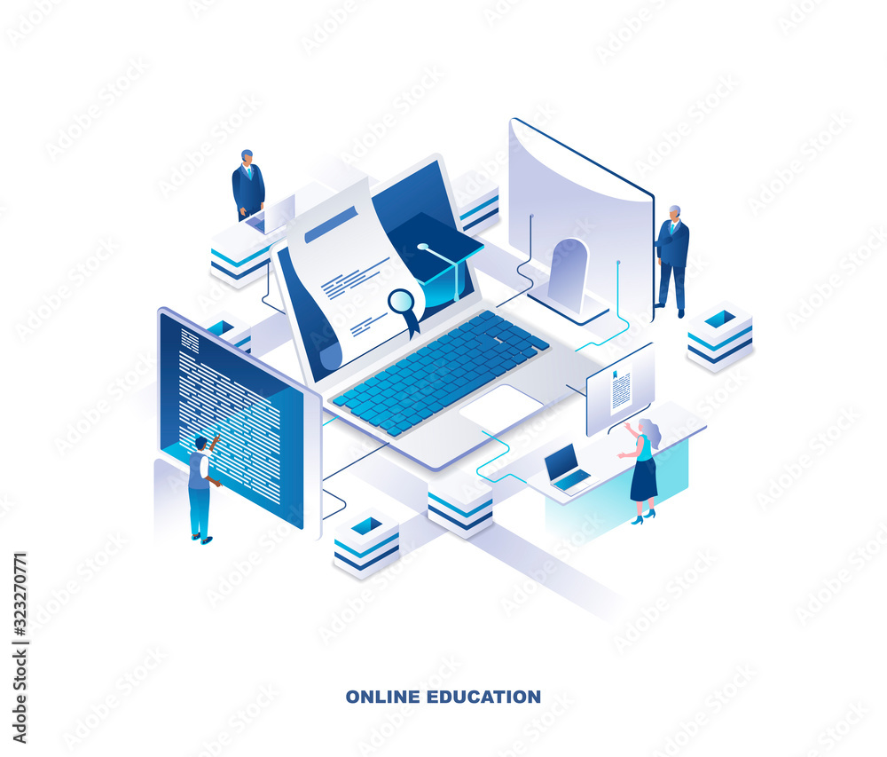 Poster online education isometric landing page. concept of obtaining university or college degree via inter