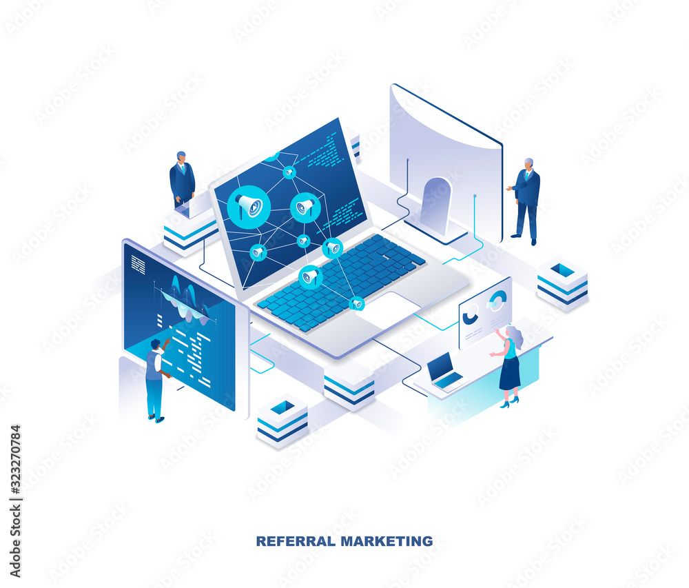 Poster referral marketing, customer loyalty program isometric landing page. concept with tiny people around