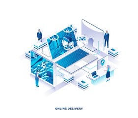 Internet drone delivery service isometric landing page. Concept with tiny people working around giant laptop with map on screen and quadcopter with parcel or package. Modern vector illustration.