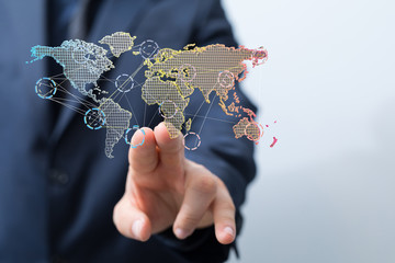 Digital hologram of the Earth with satellites on orbit. Digital globe with statistics data..