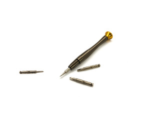 Set of screwdrivers isolated on a white background. Magnetic screwdrivers. A set of small screwdrivers. Work tool. Screwdrivers for phone, watch repair. 