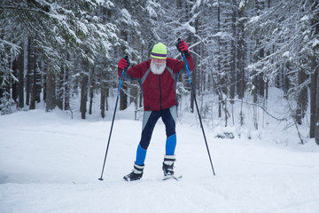 An elderly man skiing in winter.Cross country in the winter in the woods.