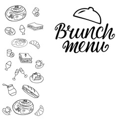 Brunch menu - hand drawing font text with doddle illustrations dishes for food service place, restaurant, cafe, bar, bistro. Modern calligraphy heading isolated on white background. EPS10
