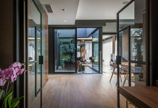 Interior of a luxury open plan apartment with fireplace
