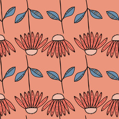 Hand drawn orange daisies pattern background.