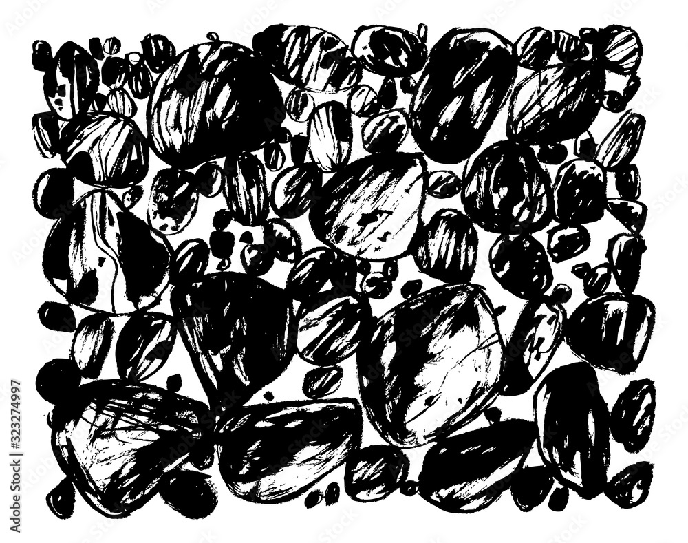 Wall mural image of textured stones as a background, hand-made graphics, brush and ink material. black and whit