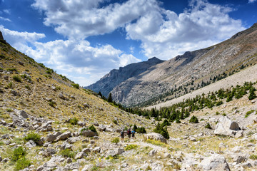 Turkey, Chamard - August 3, 2019: Tourists walk along the road through the mountain landscape in the Turkish national Park aladag in summer day, view from the back