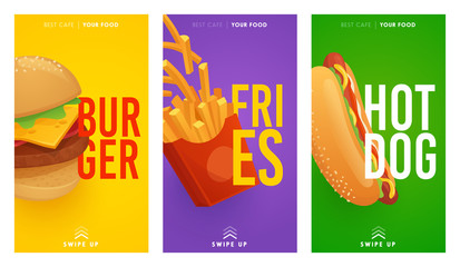 Social Media stories template on theme Fast Food. Set of banners square shape on theme Fast Food. Design of advertising in social networks. Food Promotion. Burger, fries, noodles, hot dog card