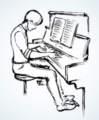A young guy plays the piano. Vector drawing