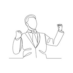 Continuous line drawing of cheering businessman holding fists. One line art concept of business success. Vector illustration.