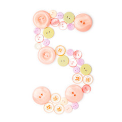 number 5 from pink and green buttons isolated on white. Sewing kit. Colorful button number five, stylish alphabet for handmaking hobby. Handmade sew abc. Text from buttons. Sale of sewing furniture