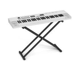 white synthesizer, electronic piano, musical instument isolated on white background 3d rendering