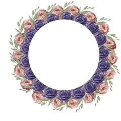 Watercolor flowers round wreath. Nature, festive bouquet, greeting card in a circle. Lilac, pink peonies, roses and green leaves. Print, textiles. Vintage, retro, sketch.