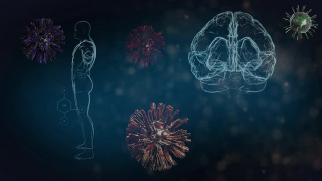Animation of Covid-19 coronavirus under magnification in an electron microscope 3D render
