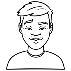 monochrome illustration of a japanese young man with raised eyebrows who looks cool. outline, comic, vector, avatar, coloring book, asian.