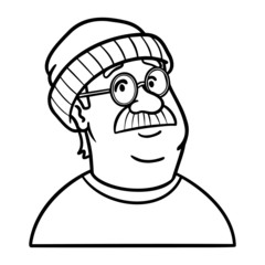 Vector outline drawing of a young man with a mustache, hat and glasses. funny illustration, comic, hipster, barber, bearded, monochrome.