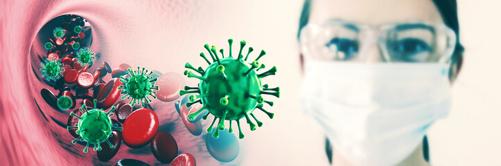 Grippeepidemie, Viren im Blut, Frau mit Schutzbrille und Mundschutz