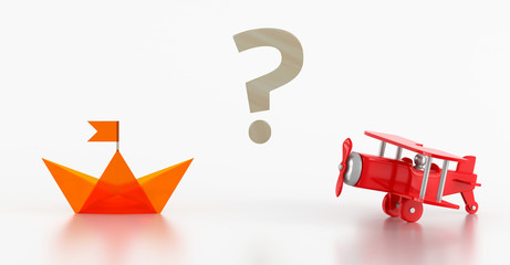 Yellow paper boat with red wooden toy airplane stand on white table. Between wooden question mark. Travel idea, on what to go on vacation. 3d rendering