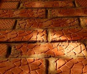 textured red brick wall in the glare of the sun under tilted vision