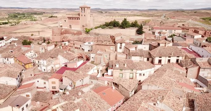 Aerial view of gothic Mudejar Catholic parish church of Santa Tecla in Spanish village Cervera de la Canada