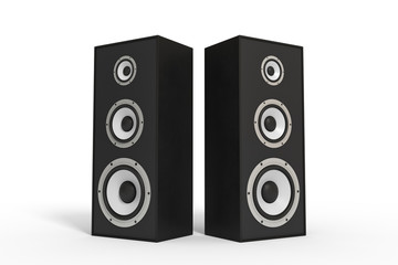 black stereo box speakers on white background. sound equipment. audio appliances. 3d rendering
