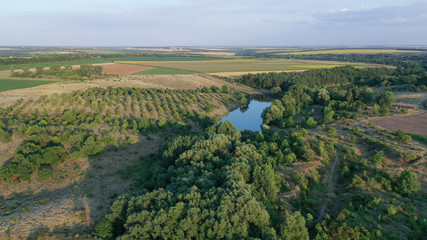 Fototapeta na wymiar Green valley and pond with water, garden and fields with crops in the evening with low sunlight and rough shadows.