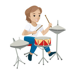 Young boy playing the drums. Vector illustration