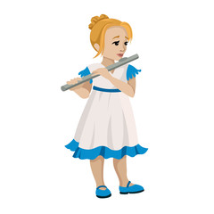 Young girl playing flute. Vector cartoon illustration