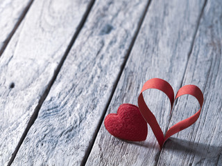 Valentines day background with red paper heart handmade on wooden texture background