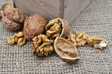 Walnuts in a wooden box and on a sacking