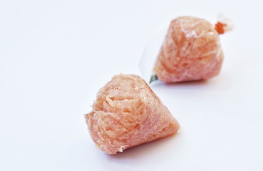 fermenting minced pork with slice chili Thai sausage on white background