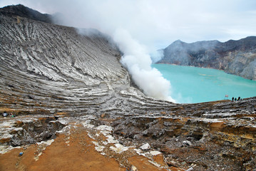 Nature scene of Kawah Ijen volcano and sulfur lake with the tourist man is composite volcanoes in the Banyuwangi Regency of East Java, Indonesia,