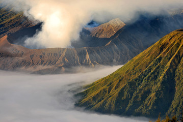 Mount Bromo and the fog around mount bromo is active volcano mountain at Bromo tengger semeru national parks , Indonesia