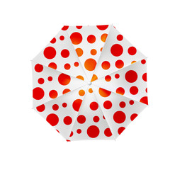 White beach umbrella with red polka dots on a white background, vector.