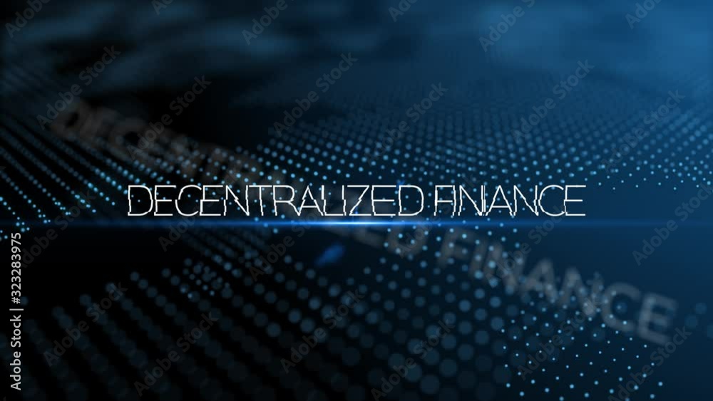 Poster decentralized finance - defi. modern intro text 3d animation with lens flare and depth of field focu