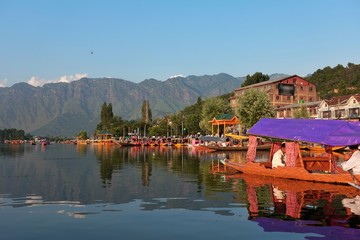 Houseboats in Dal lake in Srinagar, Kashmir in India.