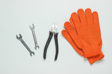 Set of professional work tools on a white background. Top view