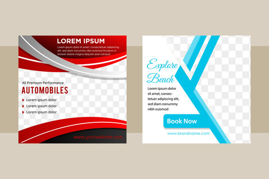 Set of Square banner templtes with curve red grey and abstract geometric blue colors for element designs. Space for a photo. Example social media post for Automotive and holiday concept