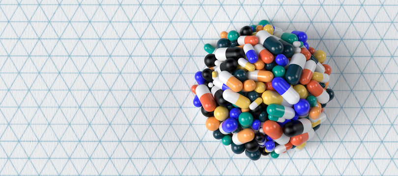 many pills on paper background