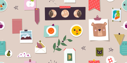 Seamless pattern of cute different stickers pictures. All objects are isolated. Trendy vector illusatrtion.