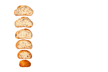 Pieces of cereal bread isolated on white background