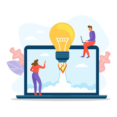 People working near a big laptop and light bulb rocket taking off