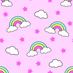 Rainbow pastel seamless pattern with pink background. Kids cute happy cartoon with rainbow, clouds, and stars for baby. Vector illustration. Vector illustration