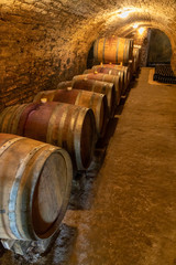 wine cellar with wooden barrels in Hajos, Southern Transdanubia,Hungary