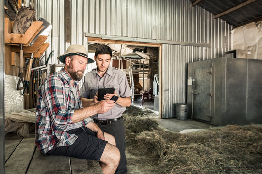 Farmer and biologist discuss the seed cleaning process in a barn. Montana, USA