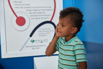 Little boy covering one eye with hand. Doctor ophthalmologist checks vision of child boy. Child at eye sight test.