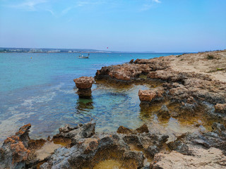 Seascape view of rocky beach in Ayia Napa, Cyprus.