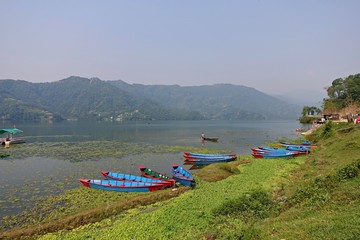 Colorful boats in Phewa Lake, Pokhara Nepal 2019