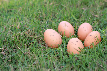 Smiley face on egg on grass background, Happy easter egg concept.