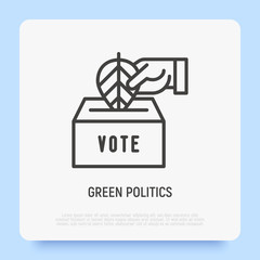 Vote for green politics: hand puts leaf in ballot-box. Thin line icon. Modern vector illustration.